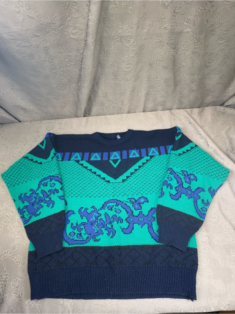 Vtg Robert Bruce Teal Navy Geo Print Long Sleeve Crewneck Sweater L